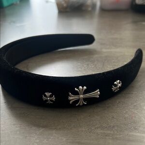 Velvet Black Headband with cross Silver Accents new